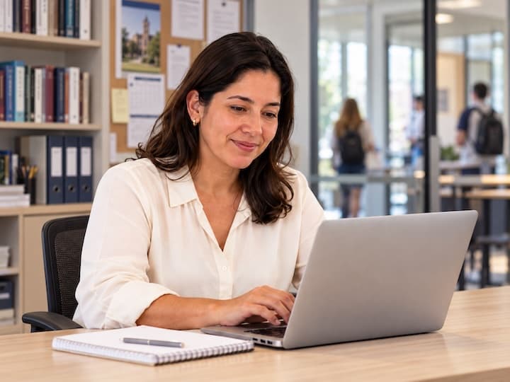 Una coordinadora trabaja en su laptop en la oficina de una institución educativa.